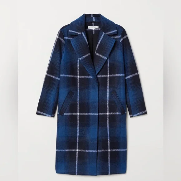 H&M Felted Oversized Coat Check Plaid Dark Blue Size M Bloggers' Favorite - Picture 4 of 15